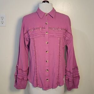 Free People (Women's Large) Summer Stars Pink Cotton Modal Button Down Shirt